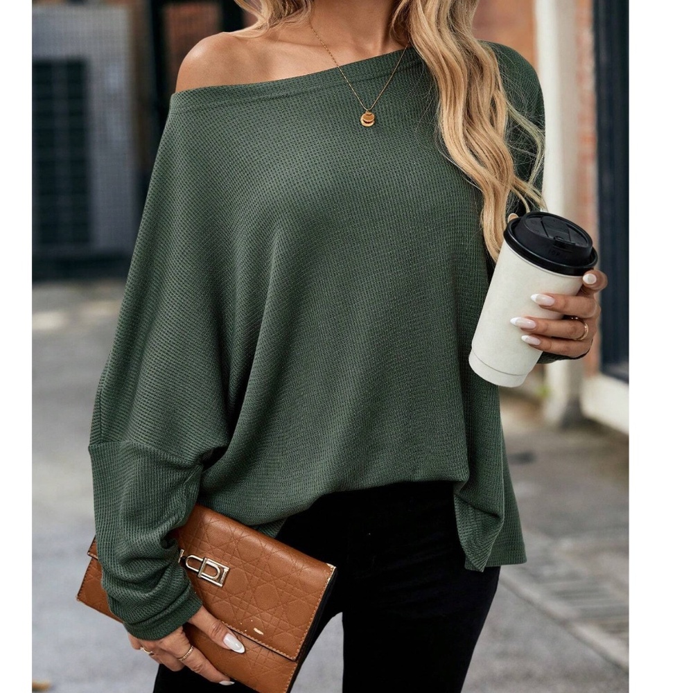 Solid Off Shoulder Loose Fit Waffle Long Sleeve Top